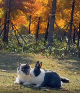 똑같은 무늬의 고양이와 토끼, 완벽한 한 쌍