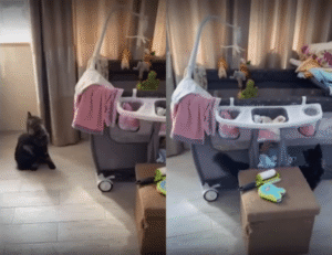 “괜찮아, 내가 옆에 있어줄게” 우는 아기를 달래주는 고양이